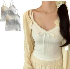 YasYouRi キャミソール パッド付き 2枚組 見せキャミ フリル付き フェミニン 重ね着 見せる 袖なし インナートップス カップ付き (ホワイト/ホワイト,  Free Size)