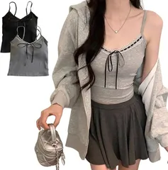 YasYouRi キャミソール パッド付き 2枚組 見せキャミ フリル付き フェミニン 重ね着 見せる 袖なし インナートップス カップ付き (ブラック/グレー,  Free Size)