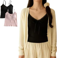 YasYouRi キャミソール パッド付き 2枚組 見せキャミ フリル付き フェミニン 重ね着 見せる 袖なし インナートップス カップ付き (ブラック/ピンク,  Free Size)