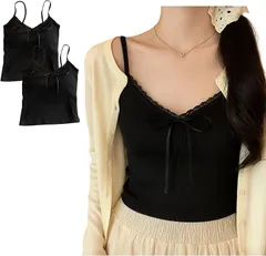 YasYouRi キャミソール パッド付き 2枚組 見せキャミ フリル付き フェミニン 重ね着 見せる 袖なし インナートップス カップ付き (ブラック/ブラック,  Free Size)