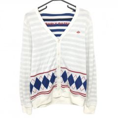 Pearly Gates Reversible Knit Cardigan, White x Blue, Argyle Pattern on the Belly, Striped Lining, Women's Golf Wear.