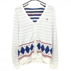 パーリーゲイツ ニットリバーシブルカーディガン 白×ブルー 腹部アーガイル柄 裏ボーダー レディース  ゴルフウェア PEARLY GATES
