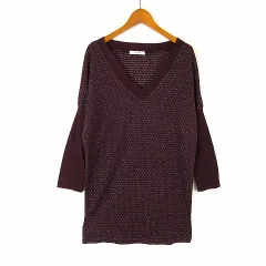 エクスプレッシブ Expressive チュニック ニット セーター ドット柄 水玉 ラメ 切替 リブ Vネック ウール ドロップショルダー ドルマンスリーブ 長袖 M 38 ボルドー ゴールド シルバー