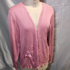 21 [Excellent Condition] 100% Silk Imari MARIA PIA Pink Knit Cardigan with Frills and Floral Motif. Autumn/Winter Collection. Women's Brand, High-End, Size M. Suitable for Winter and Winter Wear. Elegant. (Suitable for use as a coat or jacket.)