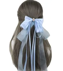 リボン 髪飾り 大きめリボン バレッタ ヘアアクセサリー ゴスロリ ロリータ レース ヘアアクセ ドレス  (ライトブルー)