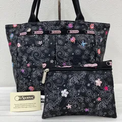 8082　良品　LeSportsac レスポートサック　ハワイ限定　Hawaii限定　ルプティブーケ　黒　ブラック　花　フラワー　刺繍　ピンク　トートバッグ　ハンドバッグ　ポーチ付き　ナイロン　LE PETITE BOUQUET　スモールエブリガールトート