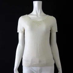 インディヴィ INDIVI ニット セーター ビーズ パール装飾 ウール ストレッチ 半袖 M 38 オフ白 アイボリー