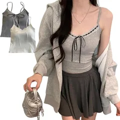 YasYouRi キャミソール パッド付き 2枚組 見せキャミ フリル付き フェミニン 重ね着 見せる 袖なし インナートップス カップ付き (ホワイト/グレー,  Free Size)