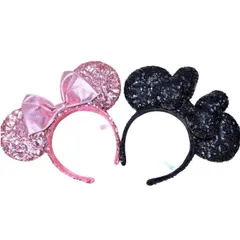 東京ディズニーリゾート カチューシャ　ミニーちゃん　スパンコール　リボン　キラキラ　可愛い　ブラック　ピンク　2点　まとめ　Disney【中古】【送料無料】