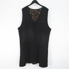 リバーシブル ベスト ジレ ジャケット ロング丈 黒系 ブラック 花柄 リボン留め