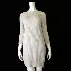 スタディオクリップ Studio Clip リブニット ワンピース チュニック サイドスリット 7分袖 M ライトベージュ