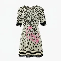 7a9 OLLEBOREBLA オレボレブラ アルベロベロ ニットワンピース 総柄 ハート柄 七分袖 レディース ブラック ホワイトo07t