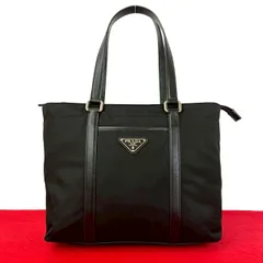 極 美品 希少品 PRADA プラダ 三角ロゴ 金具 テスート ナイロン サフィアーノ レザー 本革 トートバッグ ハンドバッグ ブラック 黒 08080