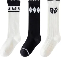 Belle Iza Bella ガールズ ソックス 3足組 ハイソックス キッズ 女の子 靴下 フリル リブ編み シンプル 柄付き 3足セット くつした こども ドレス ピアノ フォーマル 発表会 式 (3足セットA,  20.0-22.0 cm)