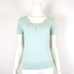 クミキョク 組曲 KUMIKYOKU ニット セーター ウール ラメ ギャザー リブ 切替 半袖 M 2 ミントブルー シルバー