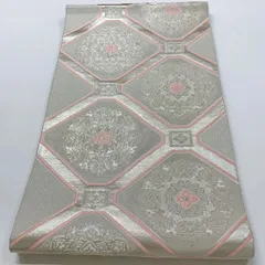 ［6546］袋帯 御天井花文様 シルバー 銀糸 六通 正絹 着物 フォーマル