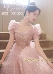 パーティードレスワンピース ピンクドレス  かわいいフォトウェディングパーティードレス シンプル 後撮りウエディングドレス イブニングドレス前撮りドレス透け感 仙気  結婚式 お誕生日 披露宴 卒業式 演奏会962-3359