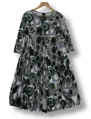 【未使用】ティービー t.b シルク混 センソユニコ 七分袖ロングワンピース ゆったり ビッグシルエット ストレッチ生地 レトロ柄 プリント グレー 黒 グリーン Mサイズ38 春夏秋用■管理番号L29715SSS26-260109-1K（990）