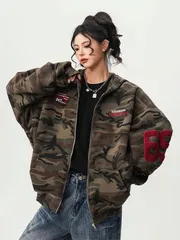 男女兼用 ゆったりレトロコート - 秋冬向け カジュアル カモフラージュコート アメリカンスタイルカーディガン フード付きスウェットシャツ