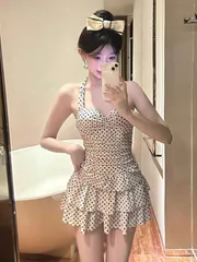 レディース水玉ドットワンピース水着 フリルでお洒落 体型カバーオールインワン 可愛くてセクシー 露出控えめでエレガント ママ水着にぴっ