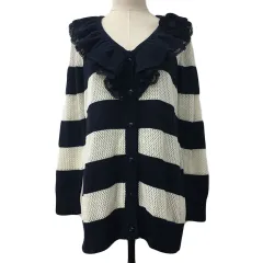 ギャラリービスコンティ GALLERY VISCONTI カーディガン ニット Vネック フリル ボーダー レース ナイロン ブローチ 透かし編み 長袖 2 紺 白 ネイビー ホワイト