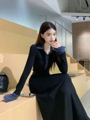 ニットワンピース レディース フレアワンピース 長袖 Aラインワンピース 配色 マキシワンピース スリム ストレッチ 襟付き Ⅴネック タイト