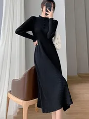 タイトワンピース ニット 春秋冬 レディース 長袖 タートルネック 無地 シンプル ストレッチ インナー セクシー カジュアル Aライン フリル