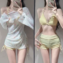 水着 レディース 3点セット 上下セット セパレート水着 セットアップ 体型カバー バンドゥ ビキニ 長袖 透け感 レース 星柄 レースアップ 