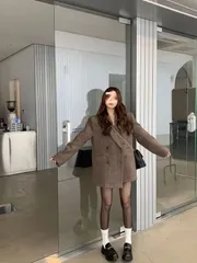 テーラードジャケット レディース ミドル丈 ゆったり スーツジャケット 韓国ファッション ブレザーネック ジャケット カジュアル 通勤 ラシ