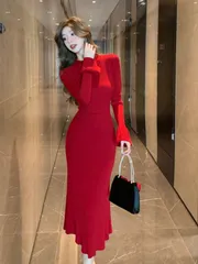 ニット レディース ワンピース ロングワンピース マキシ丈 きれいめ タイト 着痩せ ドレス エレガント 重ね着風 デート通勤 春秋冬 普段着