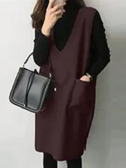 Vネックキャミタンクトップ女2025冬新作ミディアム丈無地ゆったりベストスカートボトムワンピース女