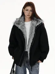 秋冬用女性用フード付きファーカラー綿コート裏地付き厚手綿コート カップルジャケットパーカー風綿ジャケットフード付きヴィンテージジャ