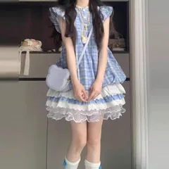 ティアード レディース 学院風 ワンピース 半袖 ひざ上 チェック柄 薄手 レース Aライン ロリータ 清純派 3層 スカート 着痩せ 甘い 清楚系