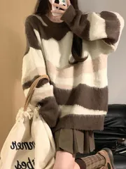 セーター レディース ニットトップス ストライプ ニットソー 柔らかい ラウンドネック 長袖 着痩せ 厚手 ゆったり カジュアル おしゃれ 可