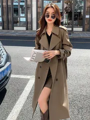 カーキ色ロングコートレディースパーカー秋冬コートコートジャケット純色カジュアルファッション通勤きれいに痩せて見える