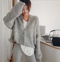(海外配送)ルーズフィット ニート ジップアップ カーディガン セーター (複数カラー)