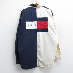 XL/古着 トミーヒルフィガー 長袖 ブランド シャツ メンズ 90年代 90s ビッグロゴ イカリ ツートンカラー 大きいサイズ ロング丈 コットン ボタンダウン 紺他【spe】 25nov19