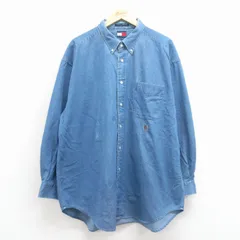 XL/古着 トミーヒルフィガー 長袖 ブランド シャツ メンズ 90年代 90s ワンポイントロゴ 大きいサイズ ロング丈 コットン ボタンダウン 紺 25nov19