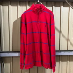 1425 CHAPS ハーフジップトレーナー レッド L チャップス スウェット ワンポイント 刺繍ロゴ ボーダー柄 古着卸 アメリカ仕入