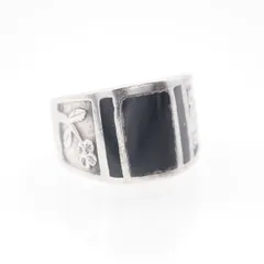 M223 オニキス風 SILVER925刻印 リング インレイ フラワー デザイン シルバー 指輪 ヴィンテージ 18号