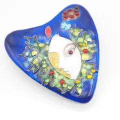 M124 七宝 女性横顔 ブルーカラー系 ハート デザイン ブローチ アンティーク