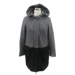 シューラルー SHOO・LA・RUE ノーカラーコート ロング丈 2way フード付き ジップアップ M グレー 黒 ブラック /YK2