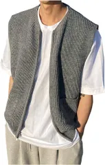 X-cross クロス メンズ ベスト ニット カジュアル アウトドア ビジネス 大きいサイズ 前開き 学生 オシャレ ファスナー vネック 襟なし 無地 厚手 防寒 セーター ポケット付き 暖かい ノーカラー ショート (グレー,  XL)