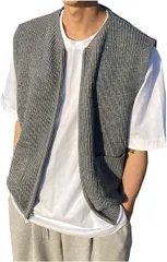 X-cross クロス メンズ ベスト ニット カジュアル アウトドア ビジネス 大きいサイズ 前開き 学生 オシャレ ファスナー vネック 襟なし 無地 厚手 防寒 セーター ポケット付き 暖かい ノーカラー ショート (グレー,  M)