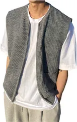 X-cross クロス ベスト ニット メンズ 黒 前開き 学生 カジュアル オシャレ ファスナー vネック 襟なし 秋 冬 アウトドア 無地 厚手 防寒 セーター ポケット付き 暖かい (グレー,  L)