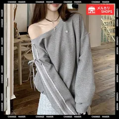 【送料無料】オフショルダー スウェット 長袖 レースリボン 大人可愛い スウェット レディース 韓国風 おしゃれ トレーナー 無地 萌え袖 ガーリー きれいめ 秋冬 抜け感 体型カバー 肩だし プルオーバー 新品 未使用 CH90CHENXINI-027