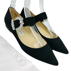 美品★JIMMY CHOO・ジミーチュウ【CHERI FLAT】レディース スエードレザー クリスタルバックル付き ポインテッドトゥ フラットシューズ (36.5/23.5㎝相当) ブランド レディースシューズ 靴 ブラック バレエシューズ カジュアル