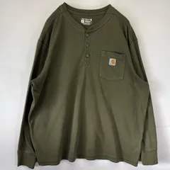 古着 カーハート Carhartt 長袖Tシャツ ハーフボタン 大きいサイズ ワンポイントロゴ 2XL  オリーブグリーン系 メンズ