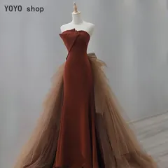 【新品?未使用】 カラードレス ロング チューブトップ シンプル ブラウン マーメイドライン タイトフィッシュテール 二次会 パーティードレ