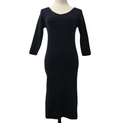 ロイヤルパーティー ROYAL PARTY ワンピース ニット Iライン ひざ丈 Vネック リブ 七分袖 F 紺 ネイビー